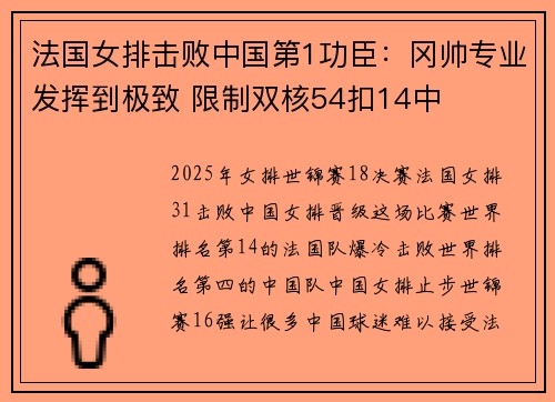 法国女排击败中国第1功臣：冈帅专业发挥到极致 限制双核54扣14中